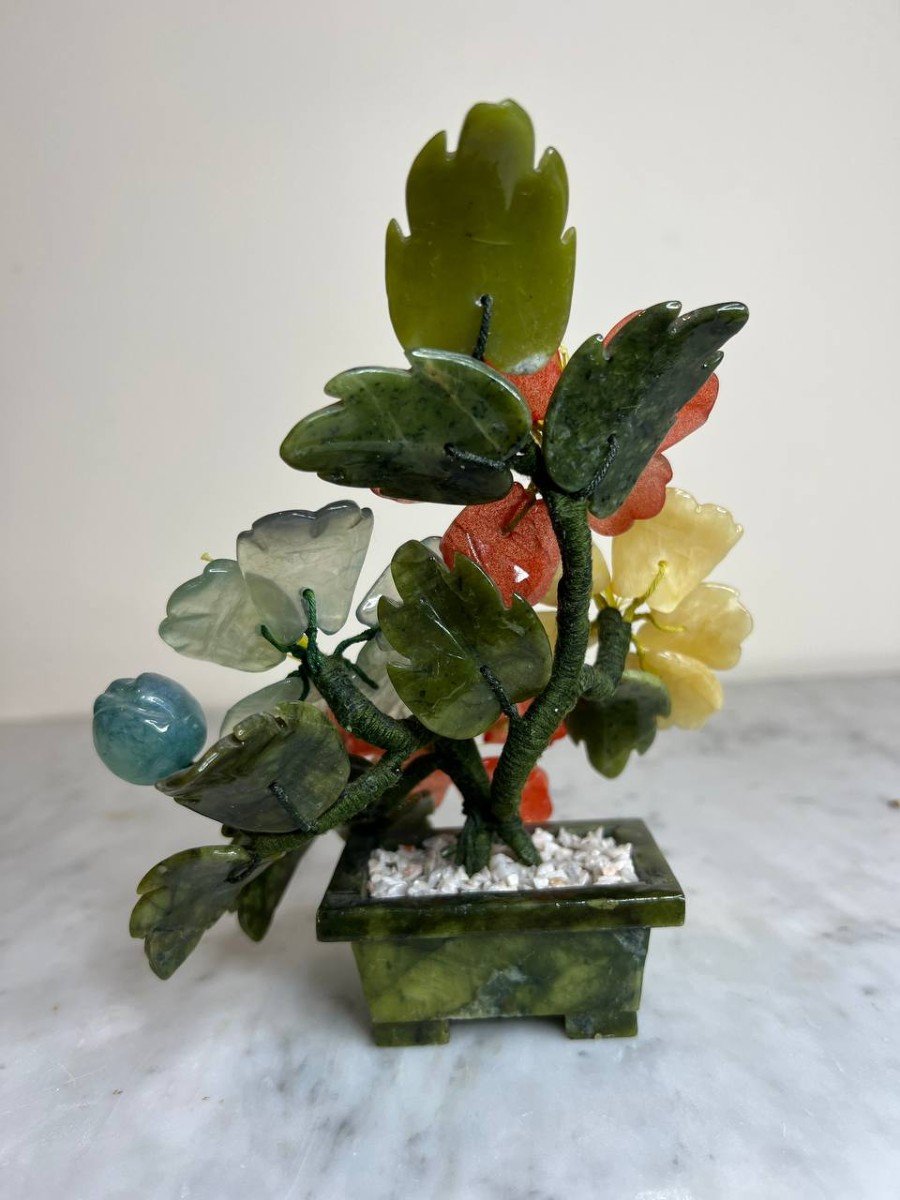 Vintage Chinese Bonsai Tree Carved In Jade And Stone, Asian Art-photo-6