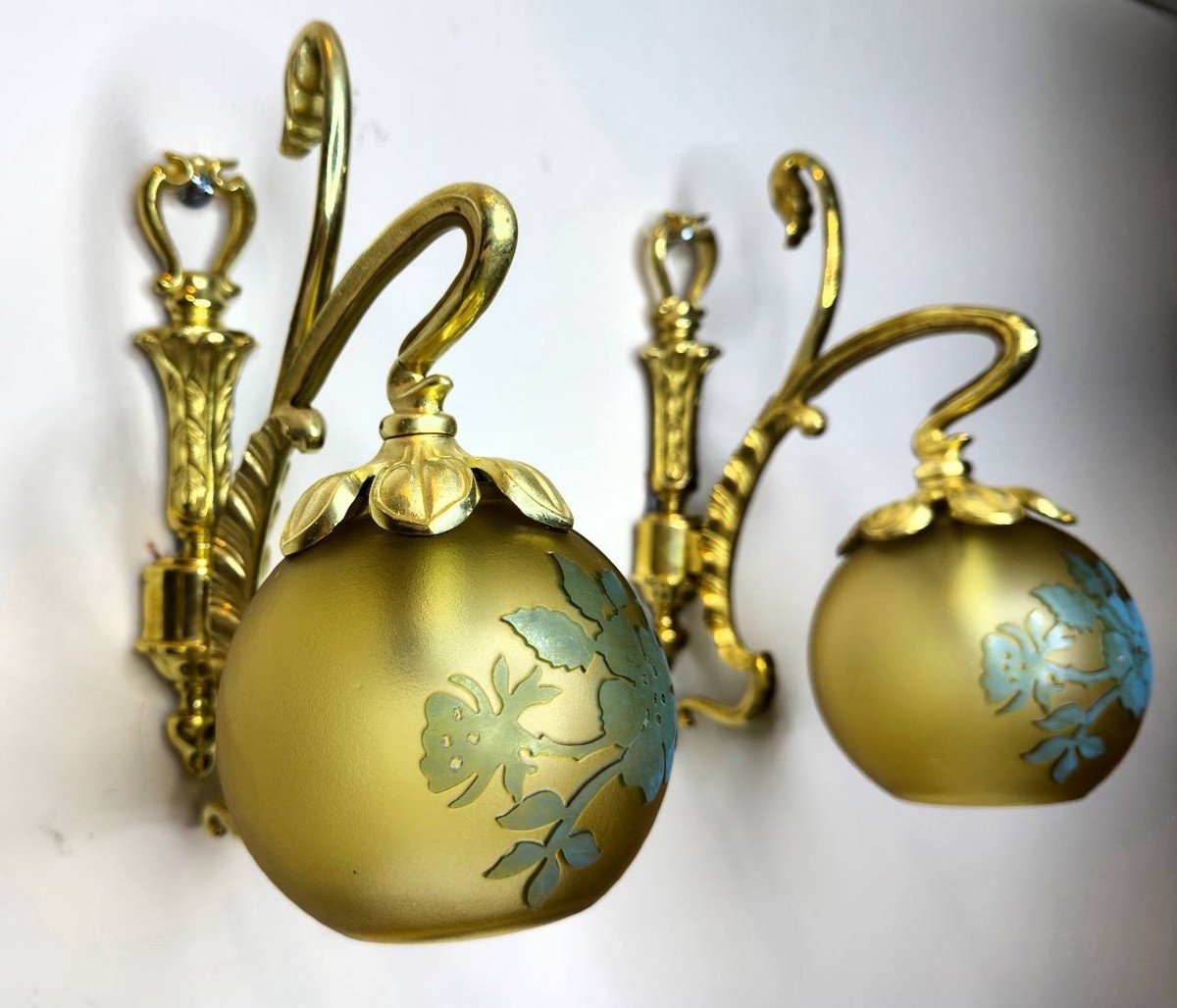 Art Nouveau Style Wall Lights In Glass Paste By Lucien Gau.-photo-3