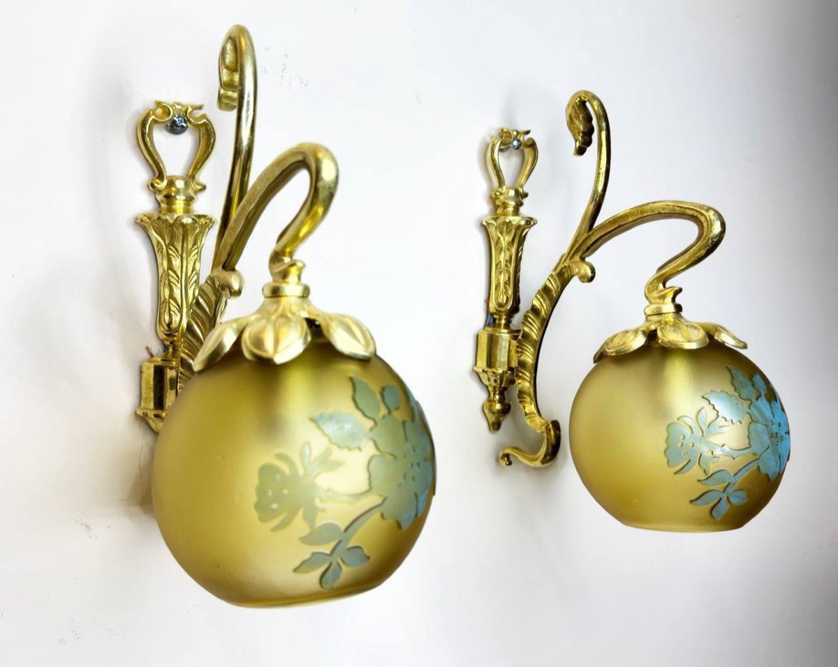 Art Nouveau Style Wall Lights In Glass Paste By Lucien Gau.