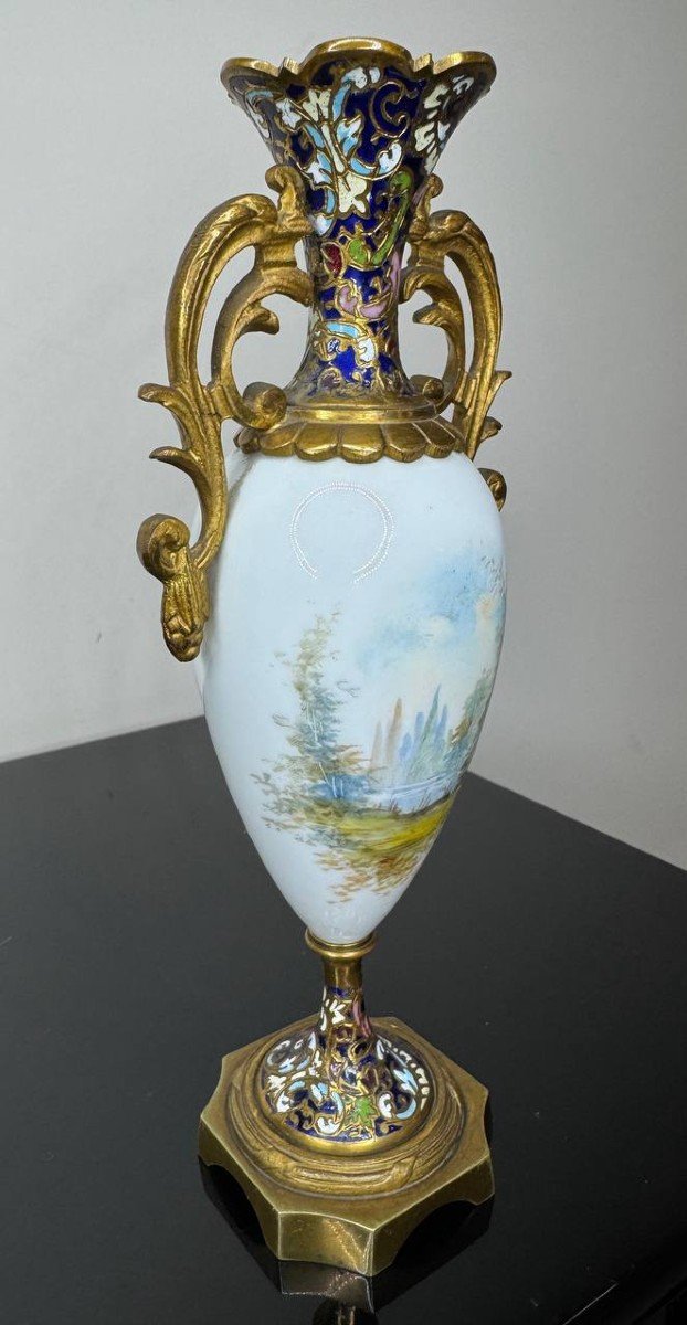 Petit Vase Signé Patel, paint a la main , Porcelaine Style Sèvres & Bronze Cloisonné, 19ème-photo-4