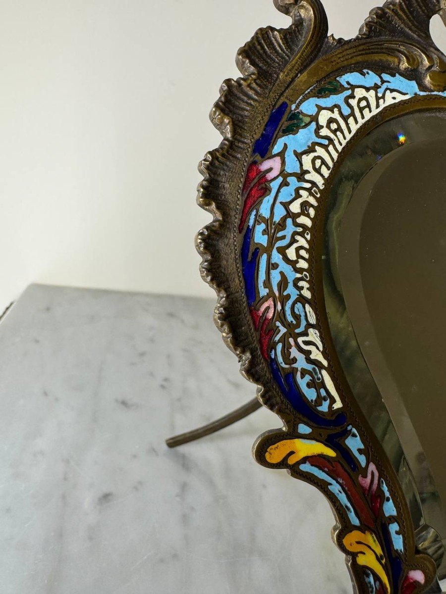 Miroir à Chevalet De Forme Rocaille En Bronze Et émaux Champlevés Polychromes, Cloisonné-photo-2