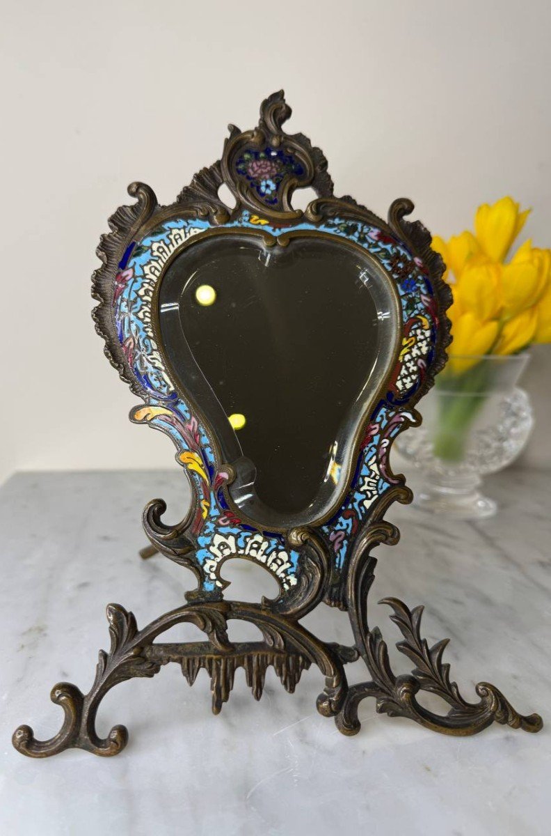 Miroir à Chevalet De Forme Rocaille En Bronze Et émaux Champlevés Polychromes, Cloisonné