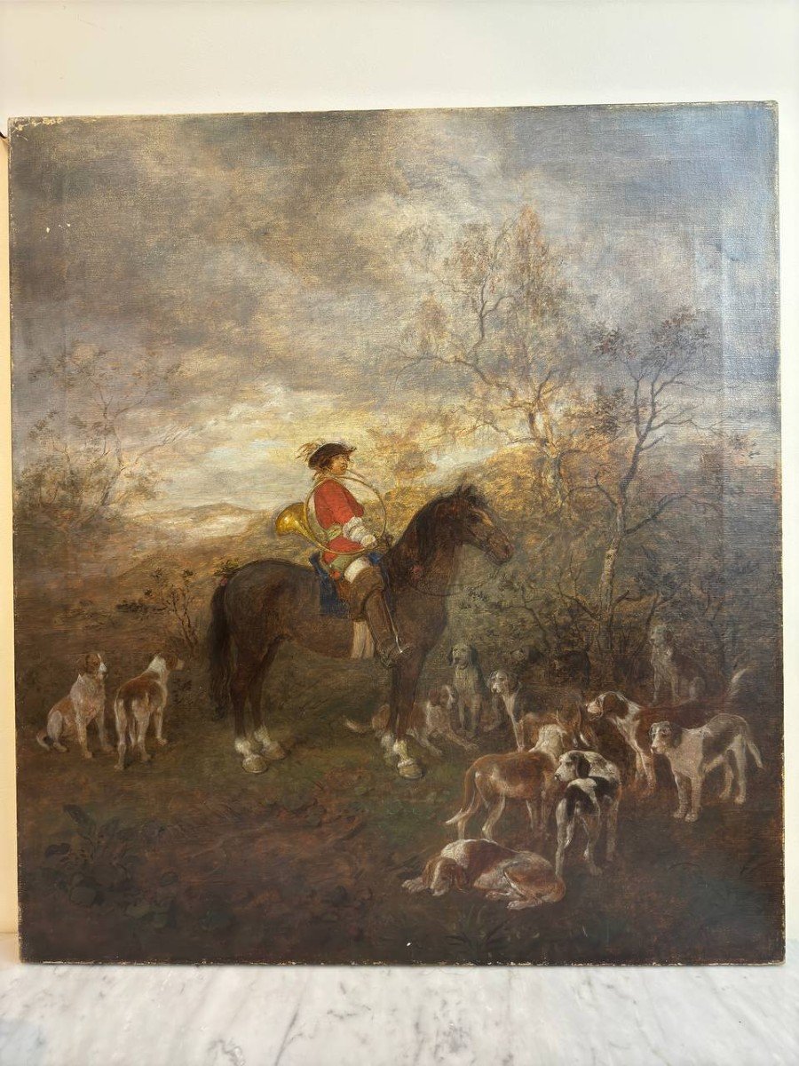 Peinture à l'Huile Sur Toile Représentant Une Scène De Chasse-photo-2