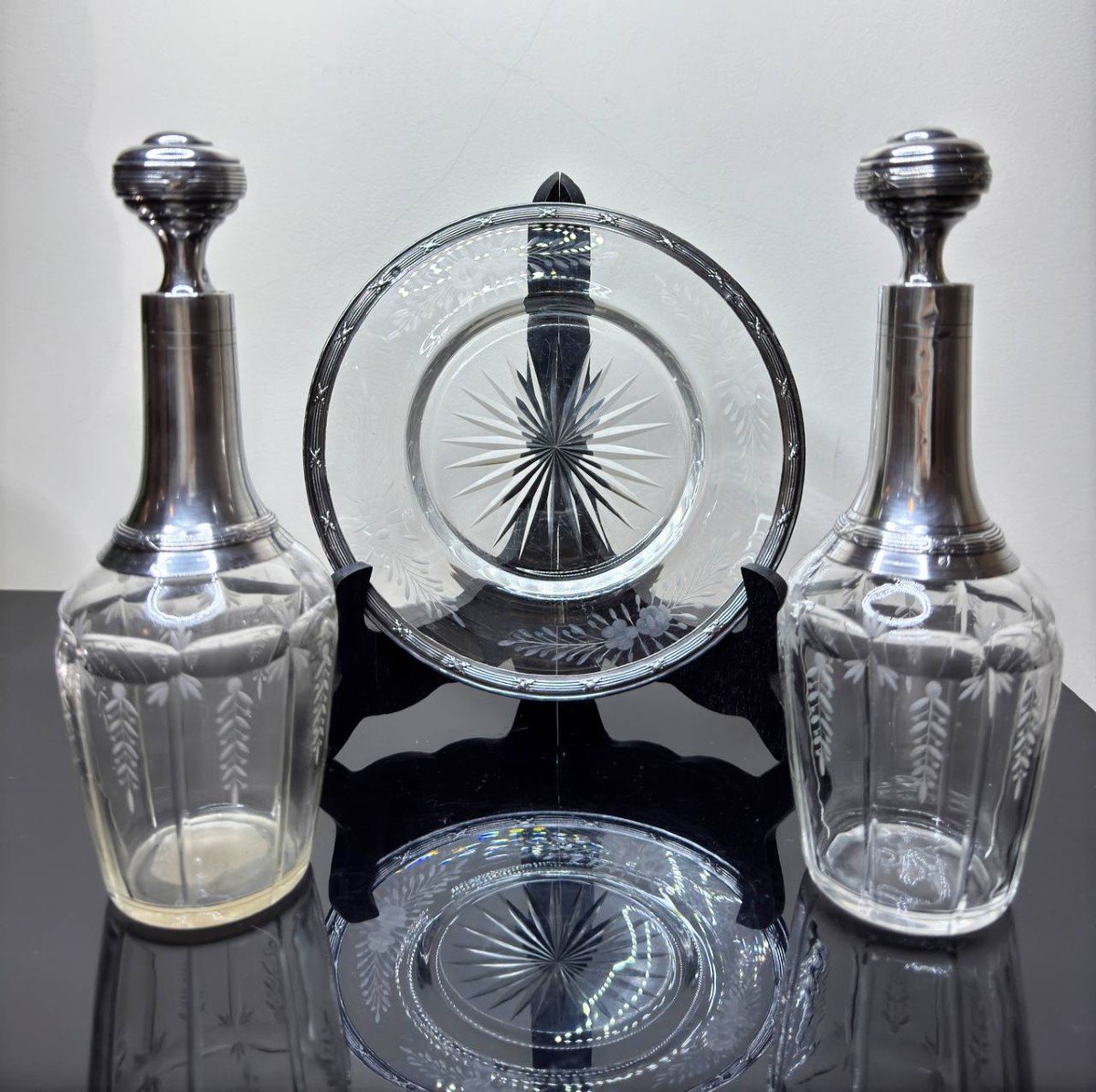 Pair Of Crystal Decanters, Silver Mounted With A Small Tray.