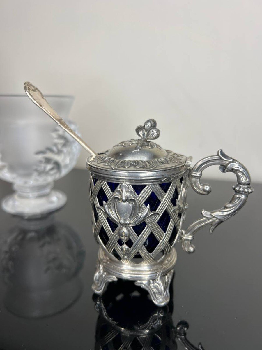 Moutardier En Argent Massif Doublé De Verre Bleu-cobalt, Poinçon Minerve, Style Louis XVI-photo-1