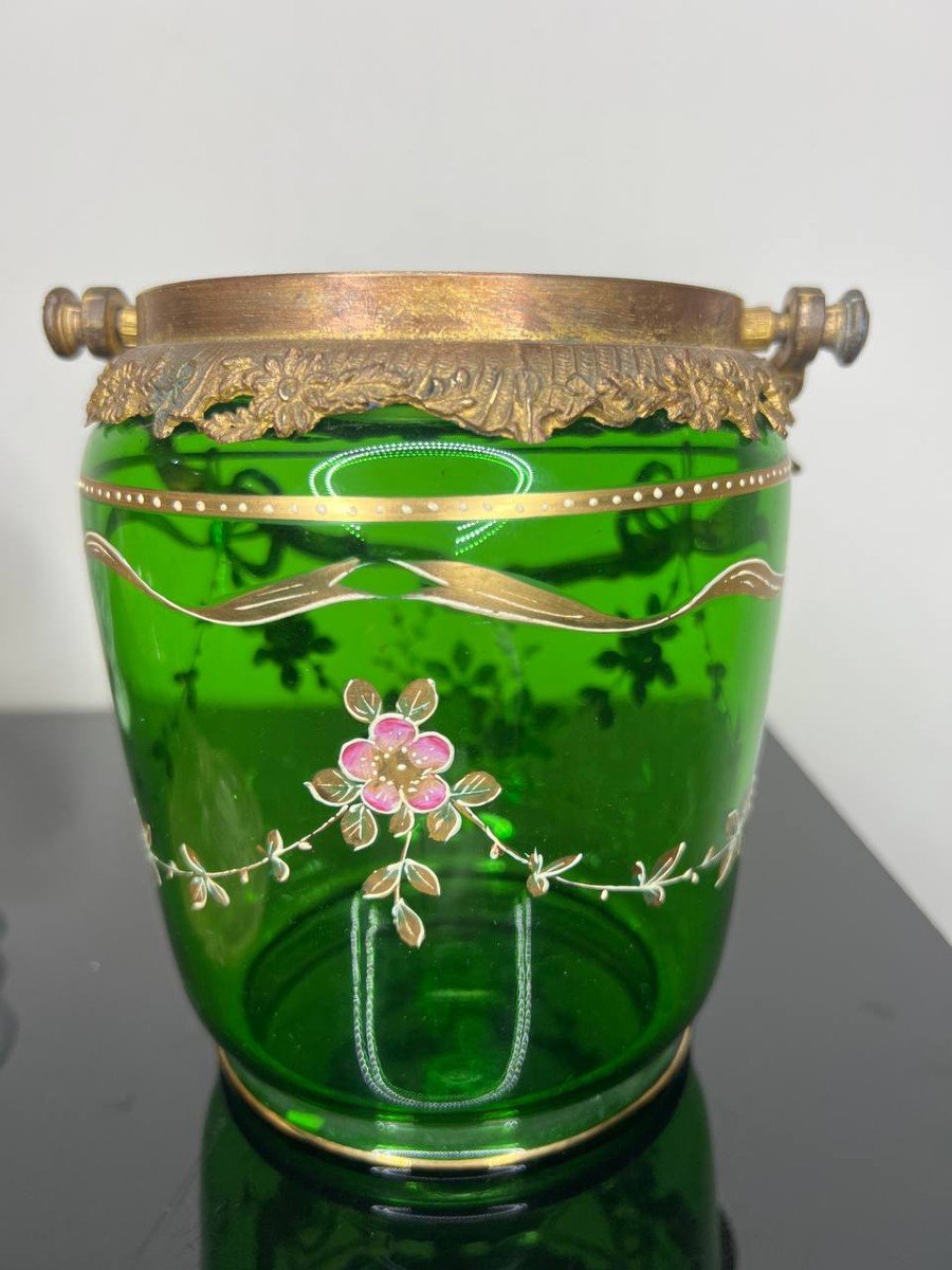  Art Nouveau Biscuit Bucket Green Glass Enameled Legras-photo-3