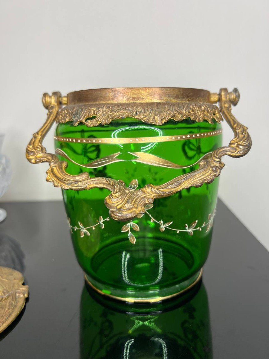  Art Nouveau Biscuit Bucket Green Glass Enameled Legras-photo-1