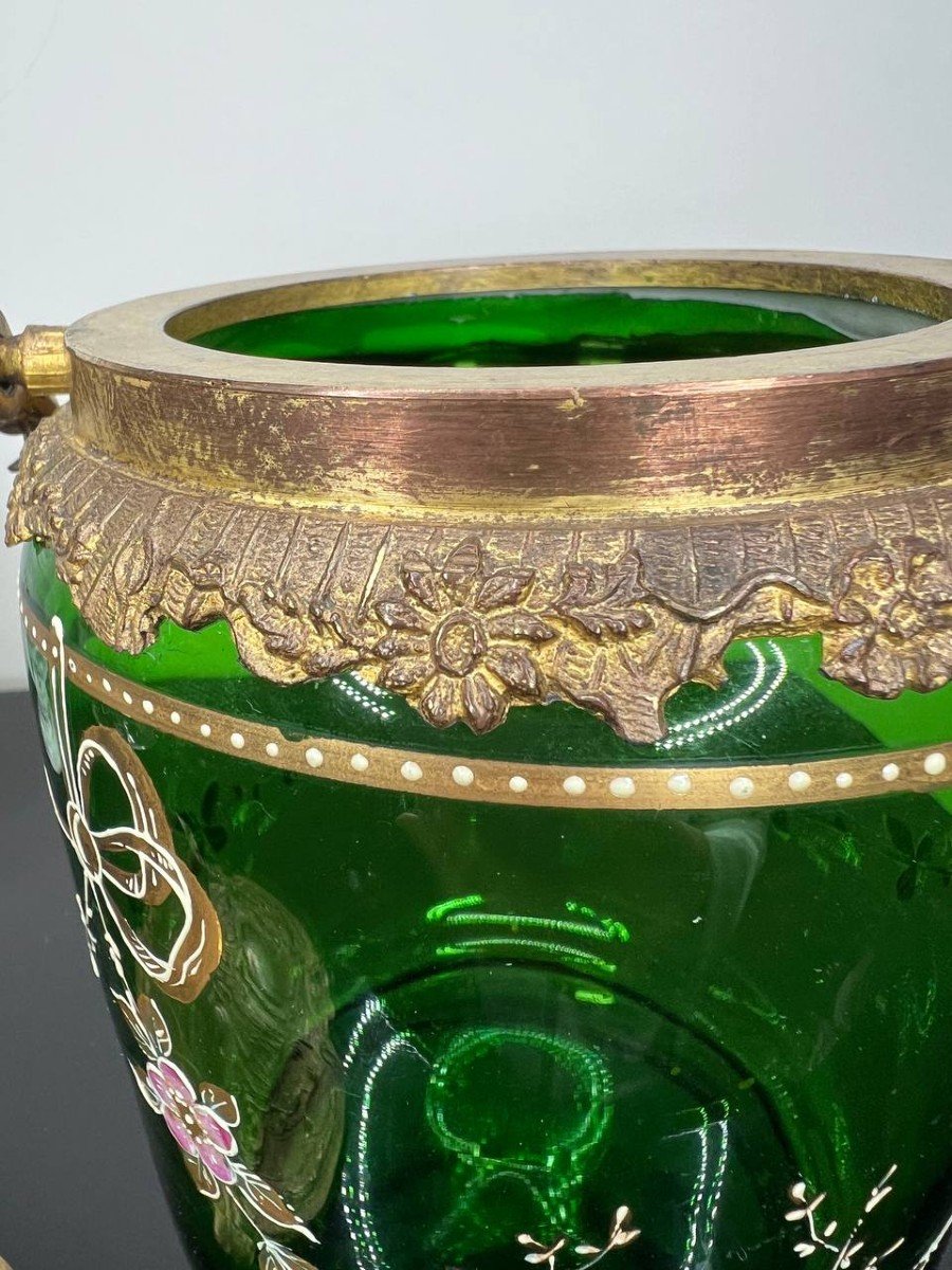  Art Nouveau Biscuit Bucket Green Glass Enameled Legras-photo-2