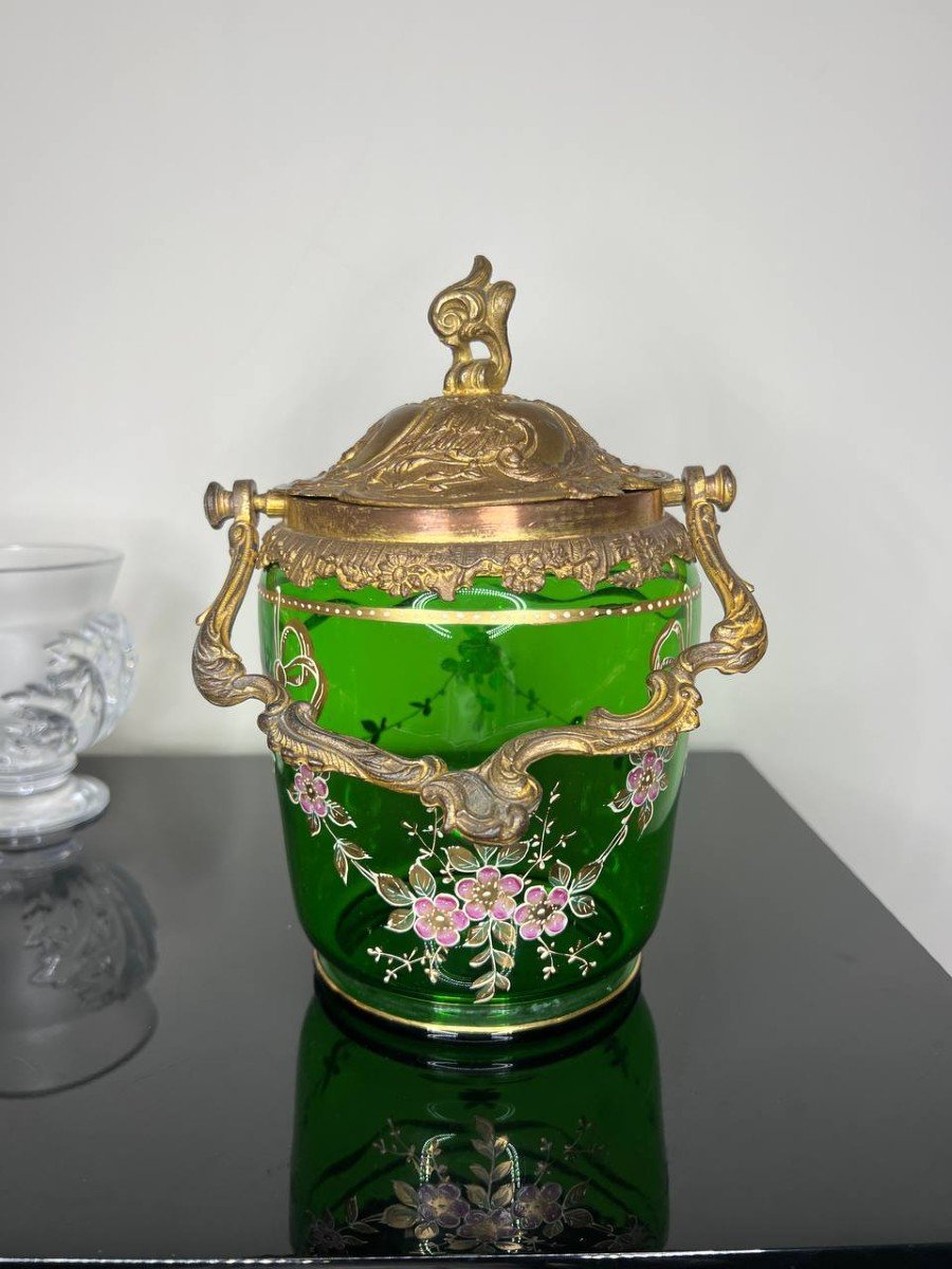  Art Nouveau Biscuit Bucket Green Glass Enameled Legras-photo-6