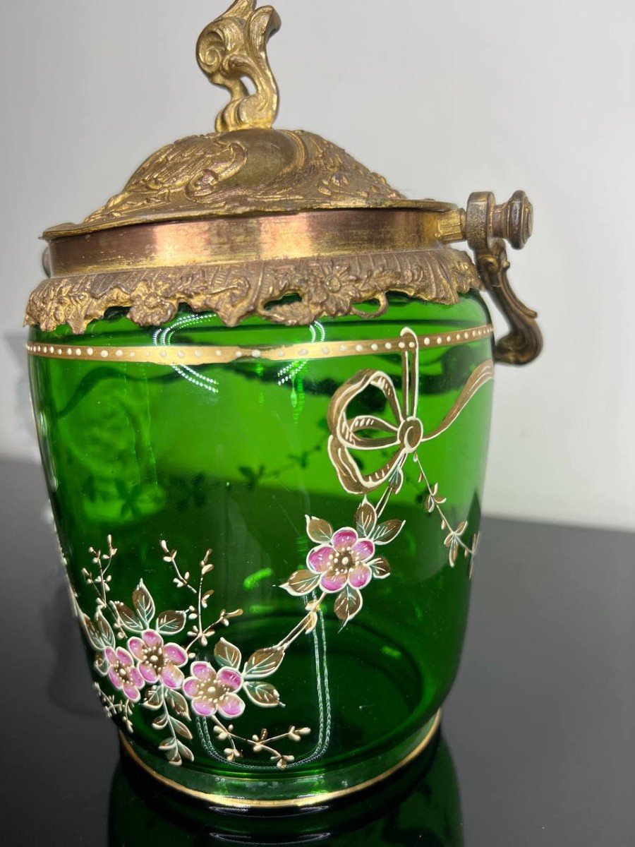  Art Nouveau Biscuit Bucket Green Glass Enameled Legras-photo-7