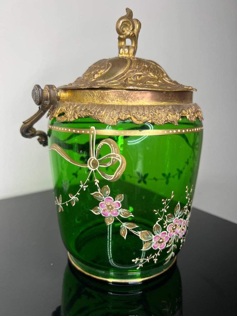  Art Nouveau Biscuit Bucket Green Glass Enameled Legras-photo-8