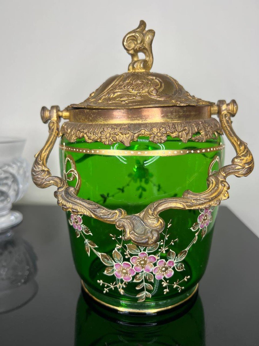  Art Nouveau Biscuit Bucket Green Glass Enameled Legras