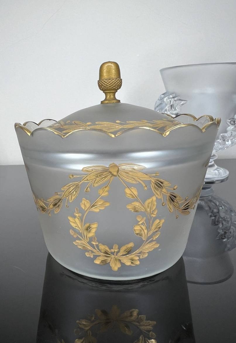 Antique French Style Hand Painted Opaque Glass Candy Or Sugar Bowl 