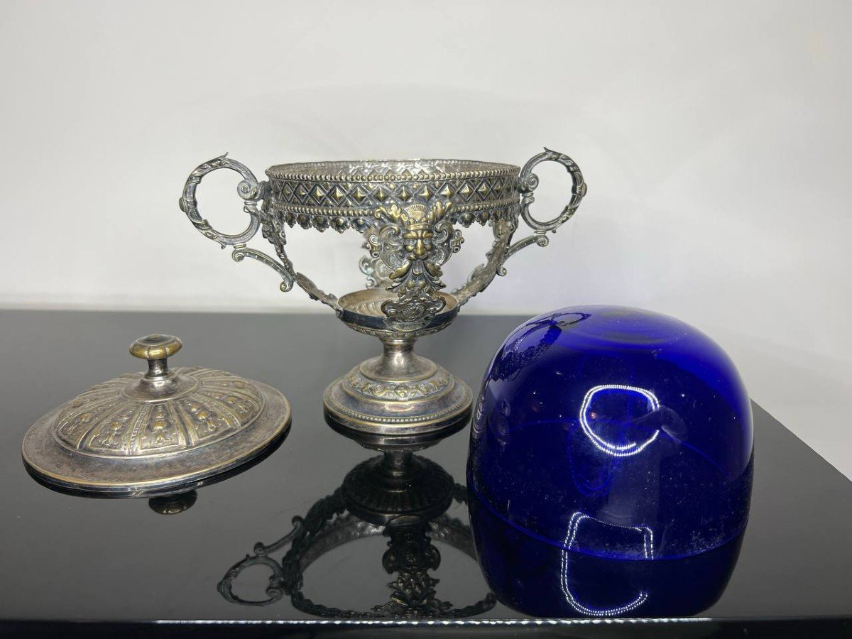 Silver Metal And Cobalt Blue Crystal Candy Dish-photo-1