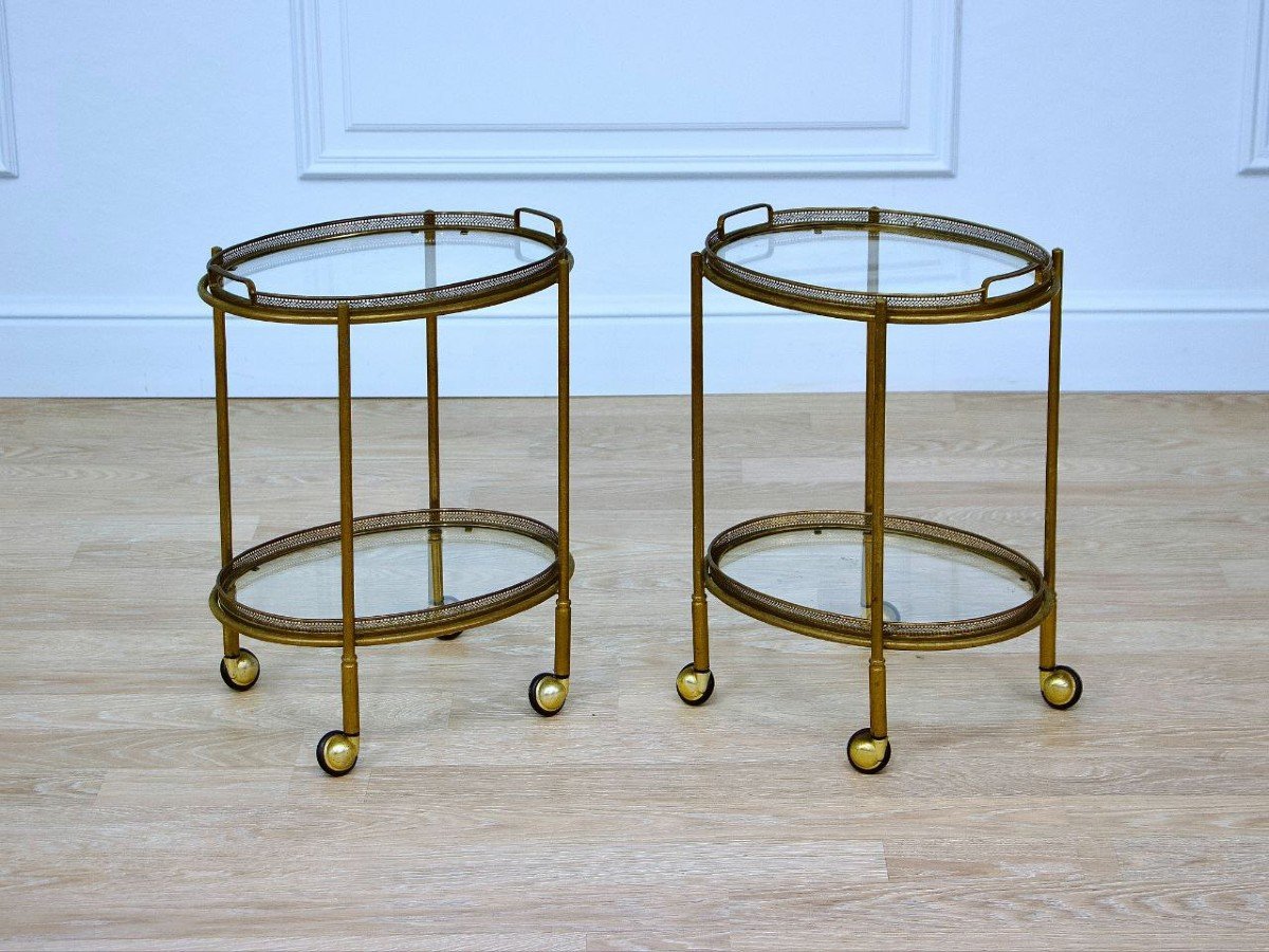 Tables d'Appoint,Chariots,Trolleys,Dessertes,Bars Roulant En Laiton Et Verre Italie,Années 1970