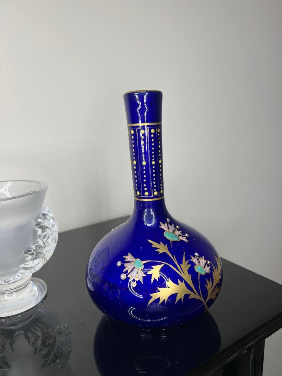 Vase En Verre Bleu Cobalt Vintage Avec Motif Floral émaillée Et Dorée-photo-2