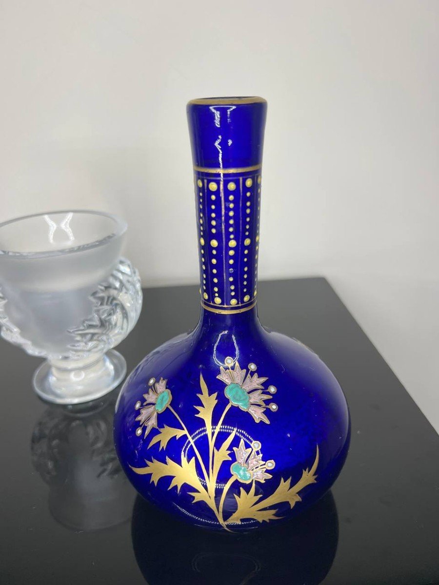 Vase En Verre Bleu Cobalt Vintage Avec Motif Floral émaillée Et Dorée-photo-3