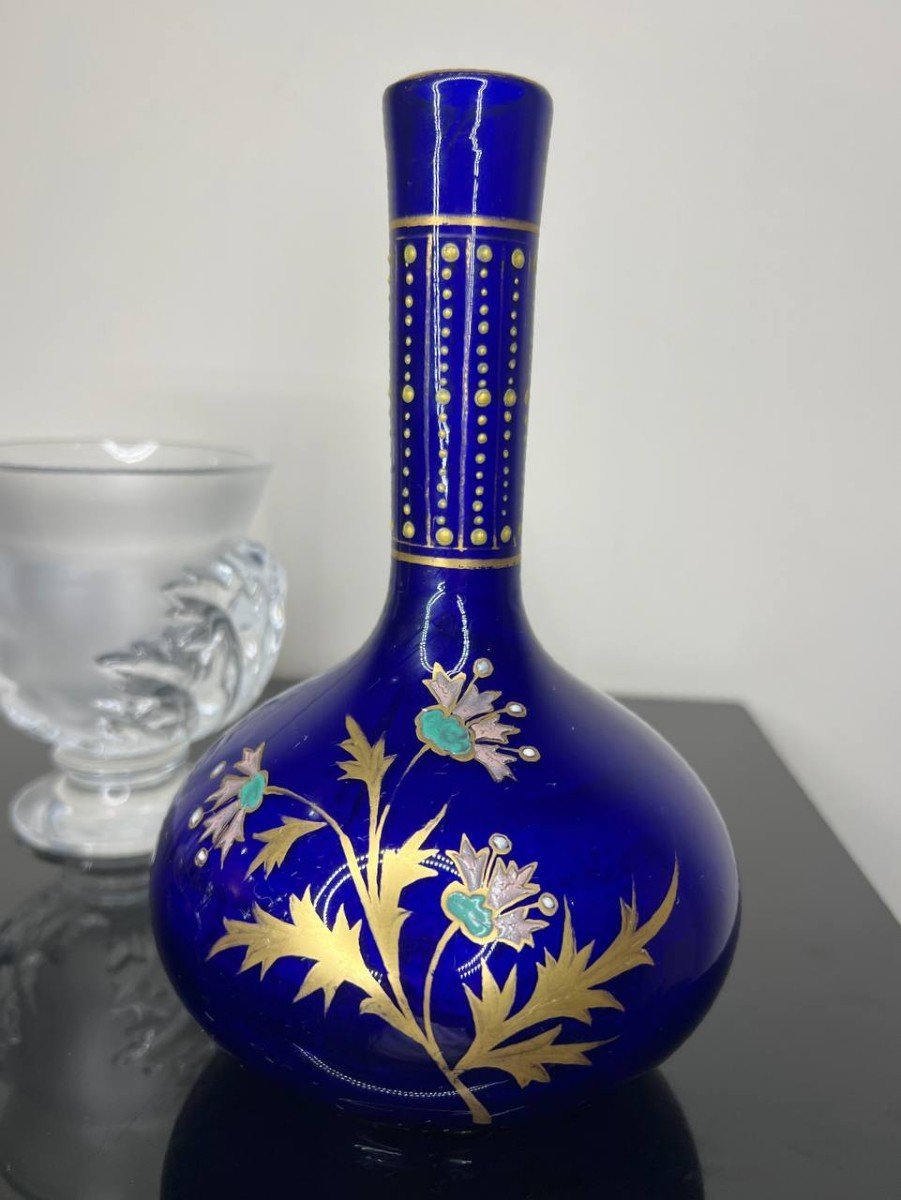 Vase En Verre Bleu Cobalt Vintage Avec Motif Floral émaillée Et Dorée-photo-2