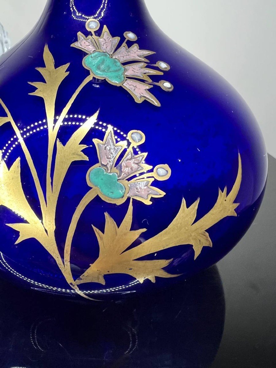 Vase En Verre Bleu Cobalt Vintage Avec Motif Floral émaillée Et Dorée-photo-4