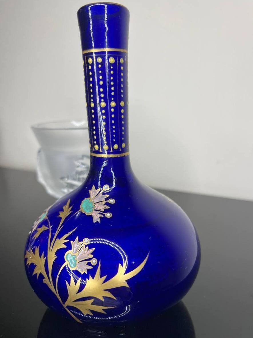 Vase En Verre Bleu Cobalt Vintage Avec Motif Floral émaillée Et Dorée-photo-5