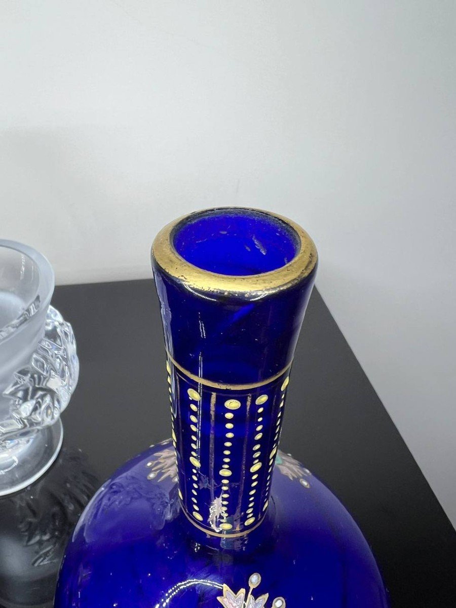 Vase En Verre Bleu Cobalt Vintage Avec Motif Floral émaillée Et Dorée-photo-7