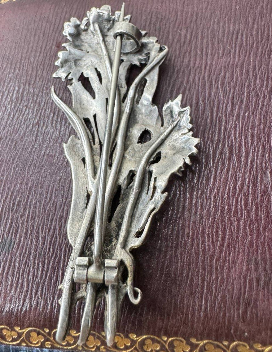 Ancienne Broche, Bijou Art Nouveau , Argent , Decor Oeillets Et Scarabée-photo-2