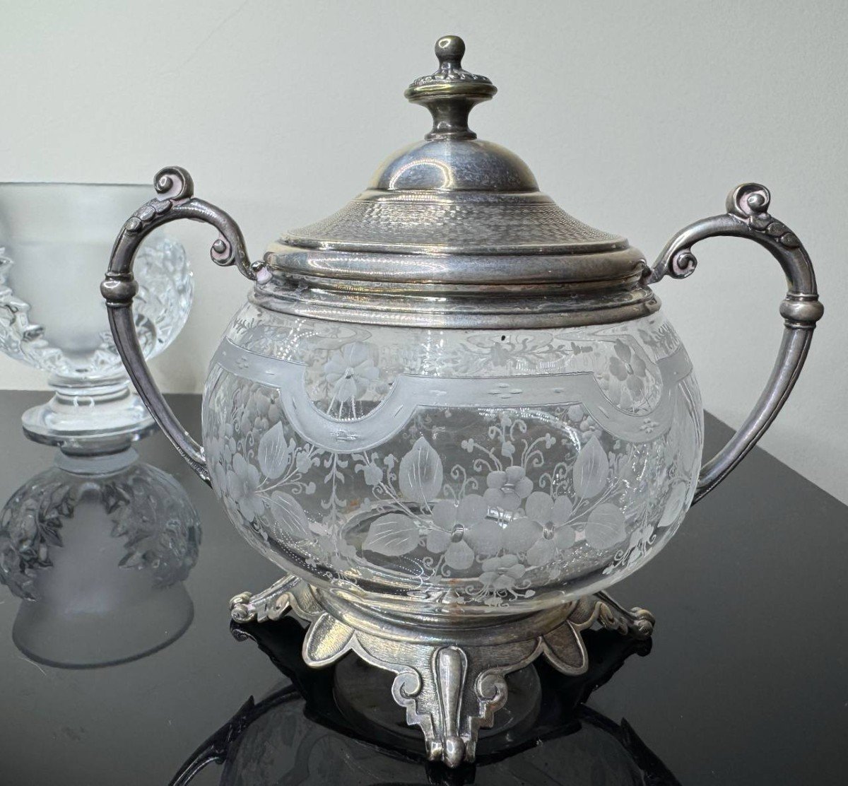 Sucrier ,  Bonbonniere, Pot A Biscuits Epoque Fin XIXème, Cristal Taille Et Metal Argente -photo-2