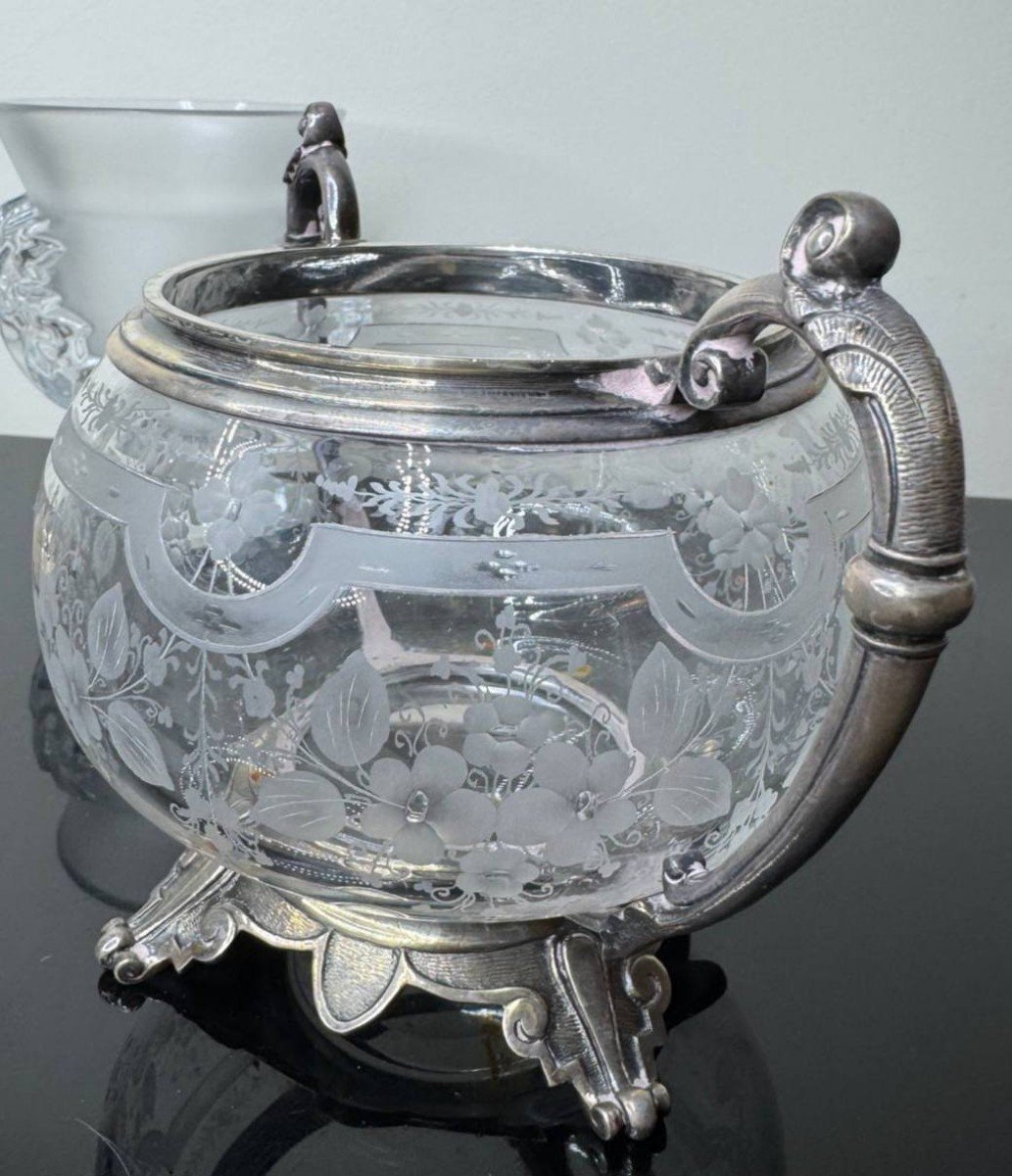 Sucrier ,  Bonbonniere, Pot A Biscuits Epoque Fin XIXème, Cristal Taille Et Metal Argente -photo-4