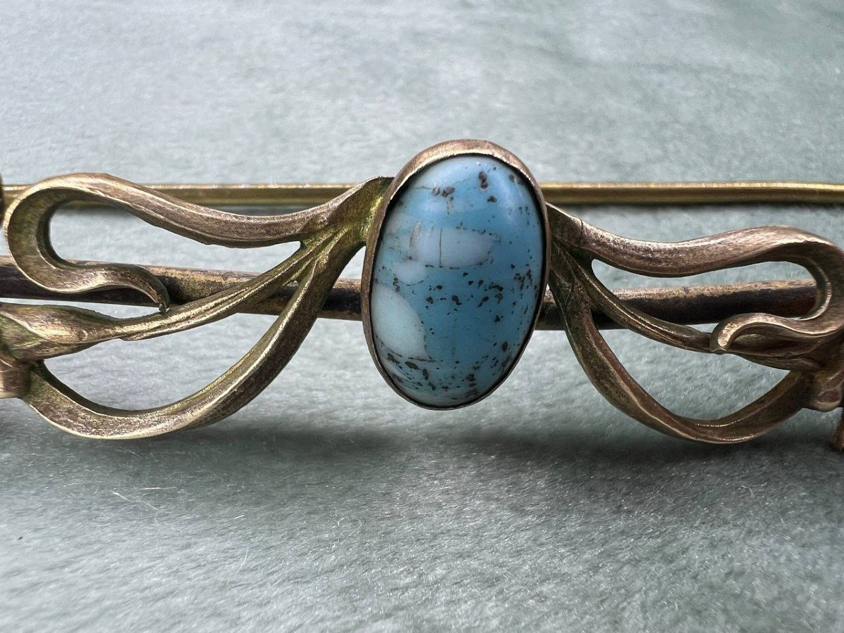 Bijou ancien , épingle Art Nouveau monté d’un turquoise et les fleurs d’iris .-photo-3