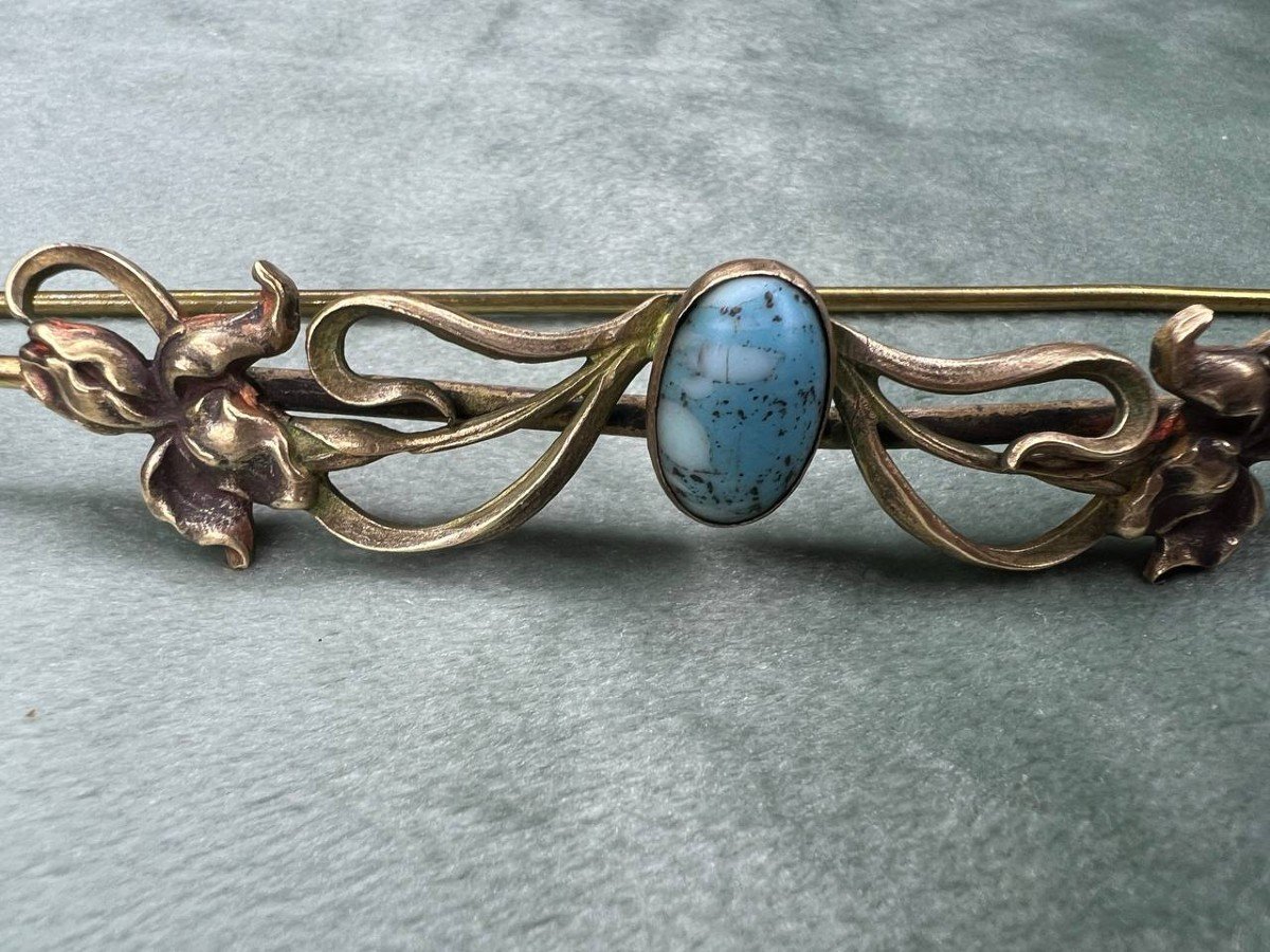 Bijou ancien , épingle Art Nouveau monté d’un turquoise et les fleurs d’iris .-photo-4