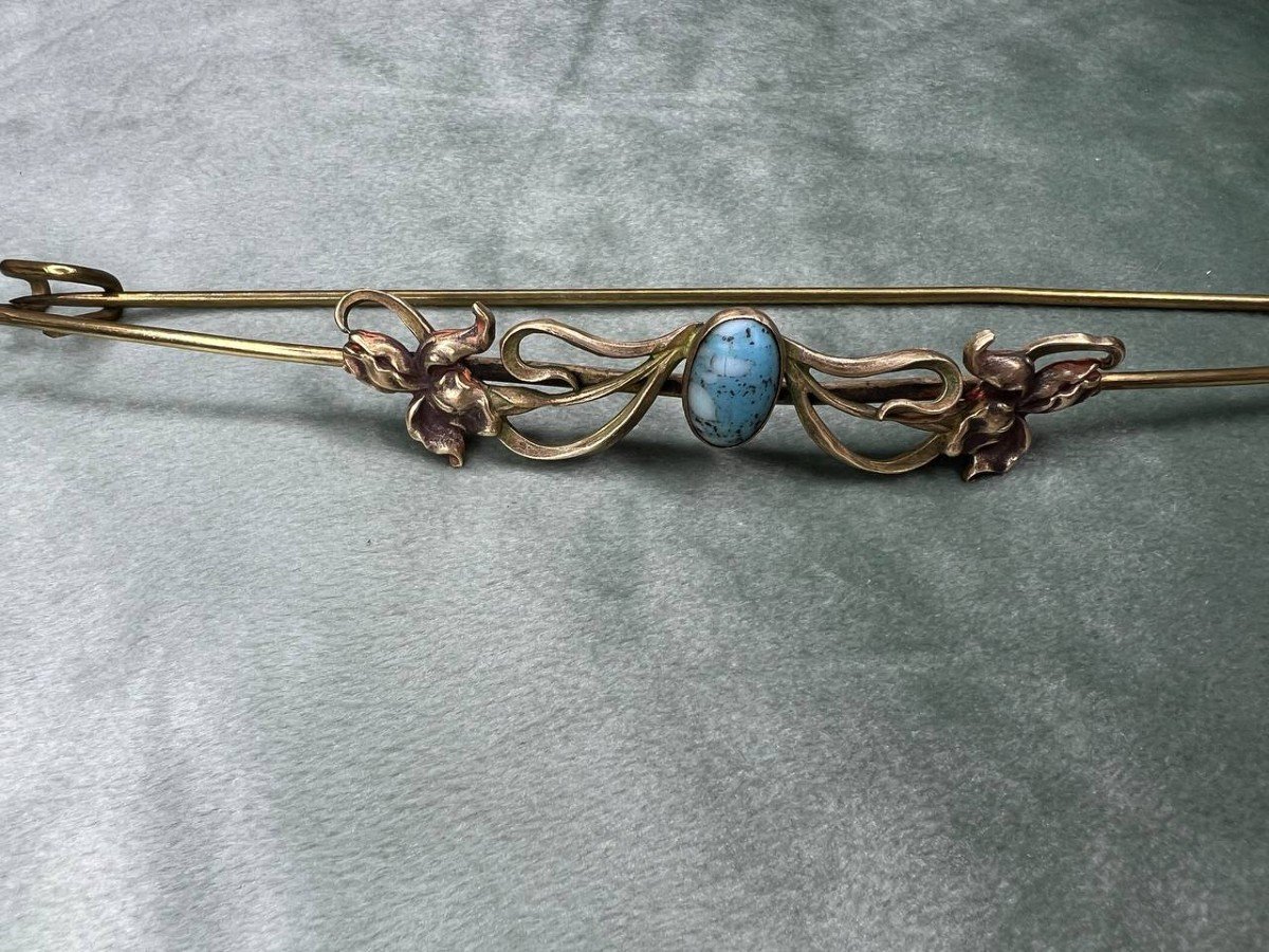 Bijou ancien , épingle Art Nouveau monté d’un turquoise et les fleurs d’iris .-photo-6