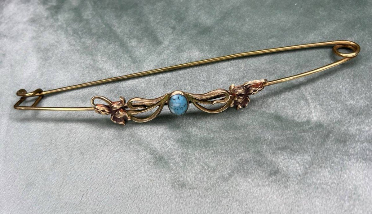 Bijou ancien , épingle Art Nouveau monté d’un turquoise et les fleurs d’iris .-photo-7