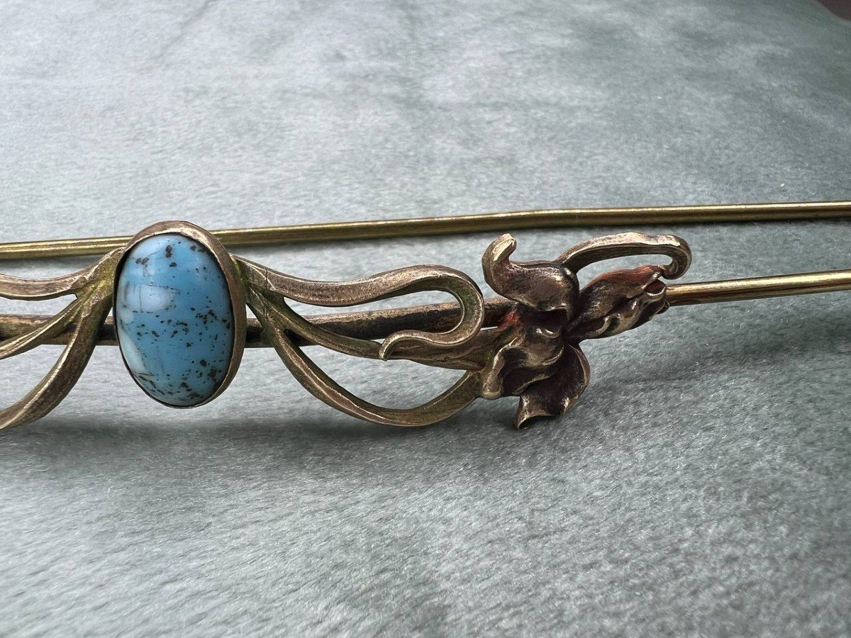 Bijou ancien , épingle Art Nouveau monté d’un turquoise et les fleurs d’iris .-photo-8