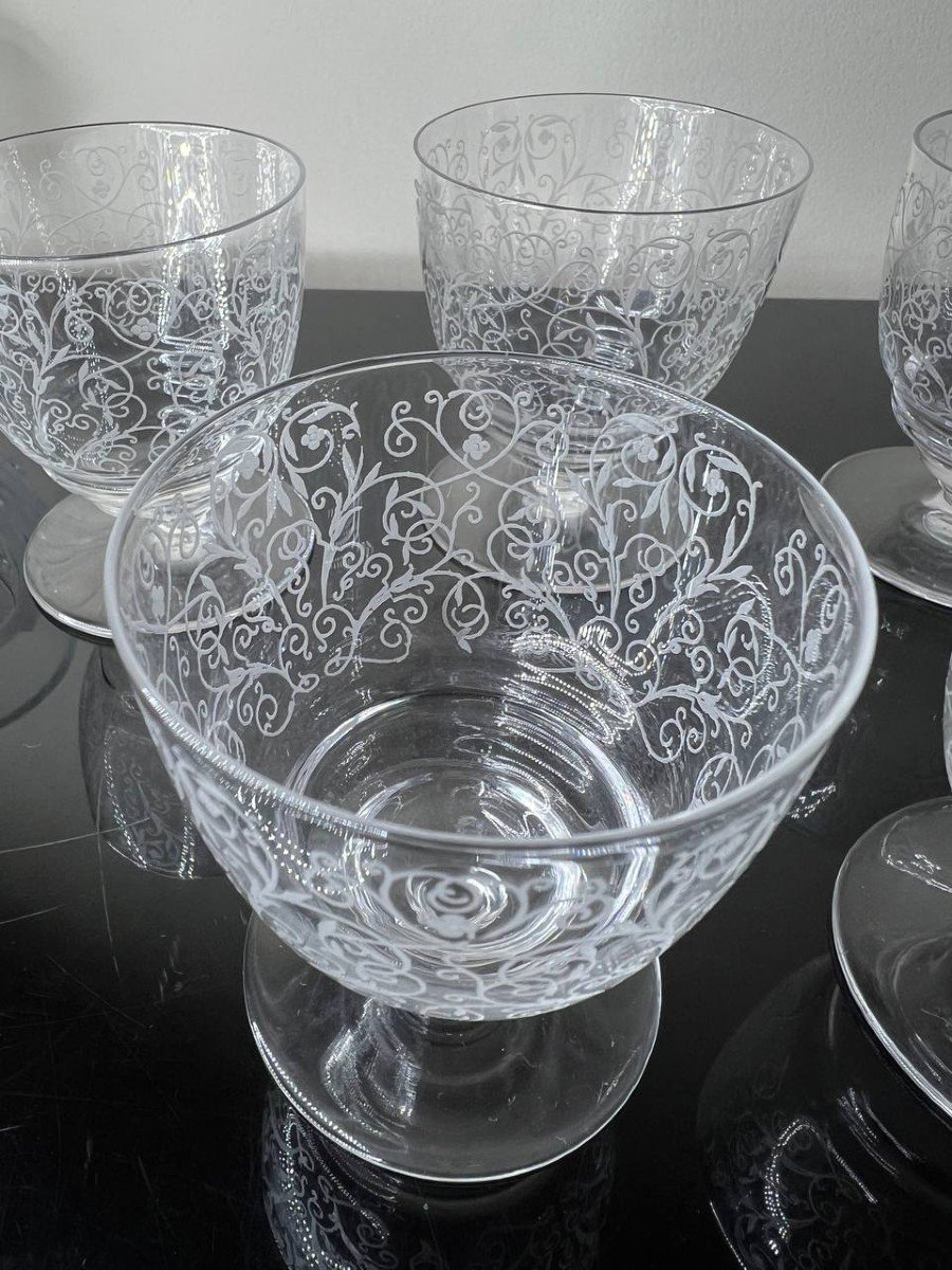 Baccarat , Modèle Lulli , 8 Verres , Gravure à l'Acide.-photo-2