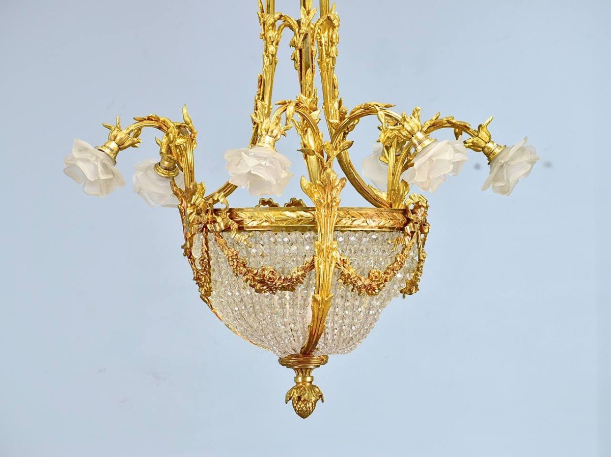 Exceptionnel Lustre En Bronze Doré , Cristal Et Tulipes En Pâte De Verre, Style Louis XVI-photo-3