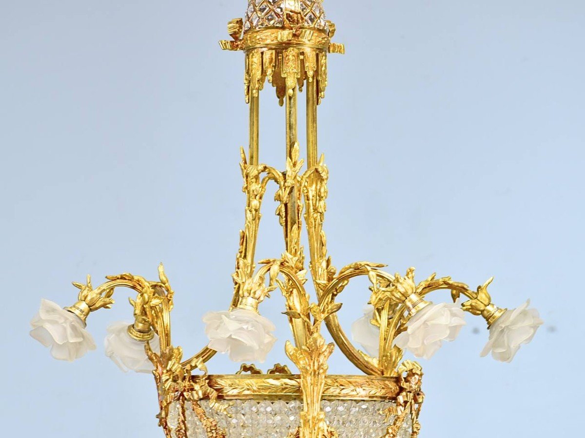 Exceptionnel Lustre En Bronze Doré , Cristal Et Tulipes En Pâte De Verre, Style Louis XVI-photo-1