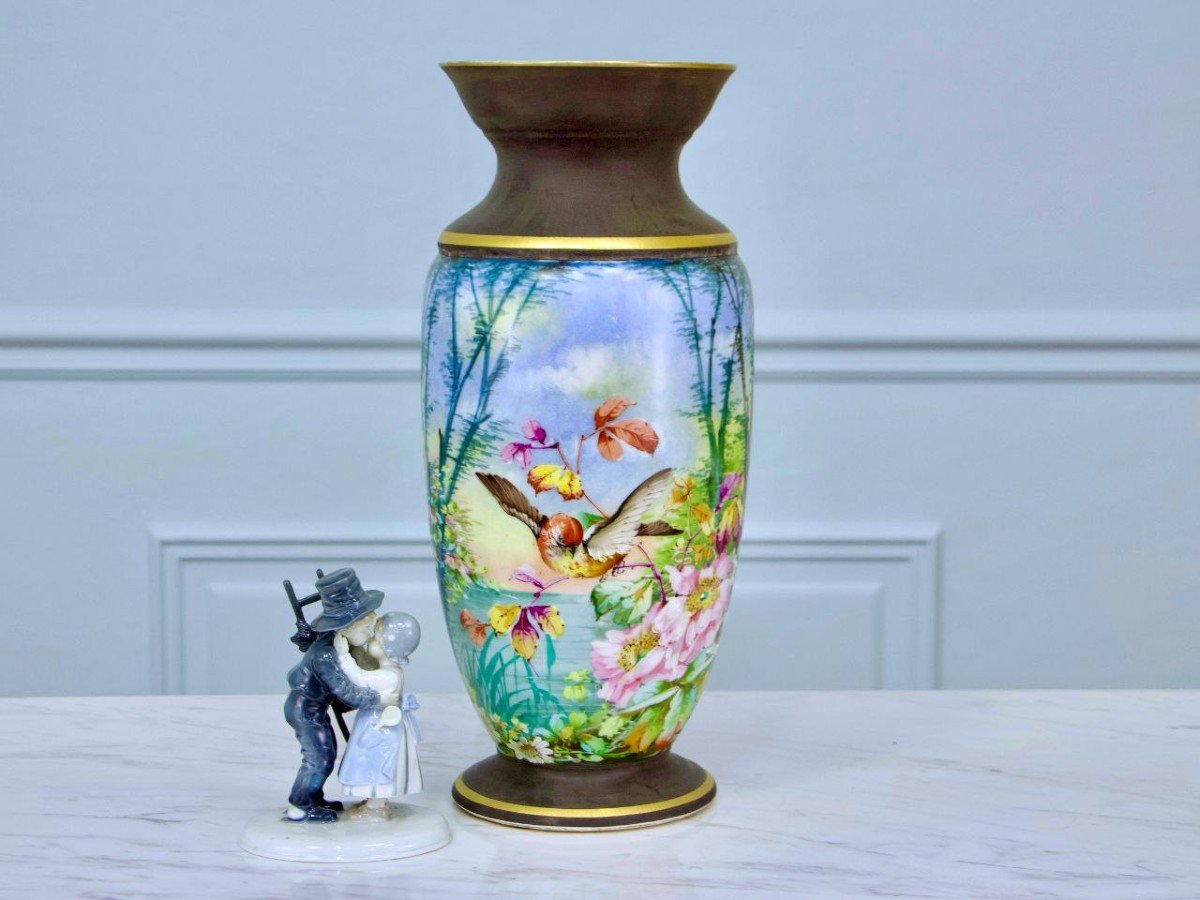 Vase En Porcelaine Vieux Paris, Ornés De Fleurs Et Oiseaux-photo-3