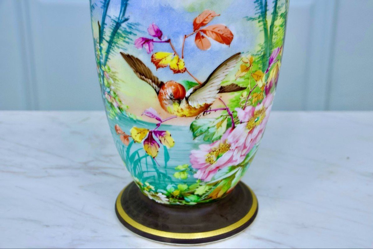 Vase En Porcelaine Vieux Paris, Ornés De Fleurs Et Oiseaux-photo-4