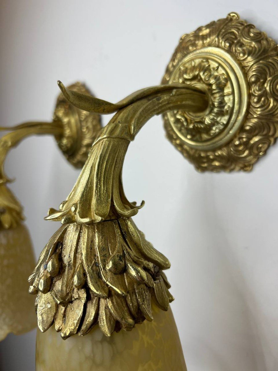 Pair Of Wall Lights In Chiseled Gilt Bronze And Brass-photo-7