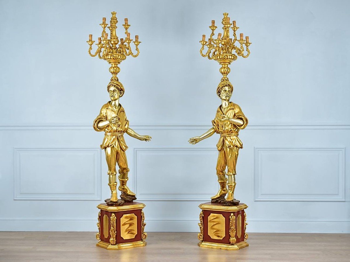 A Pair Of Imposing Blackamoor Type Lanterns Or Torchieres Decorated With Nubians