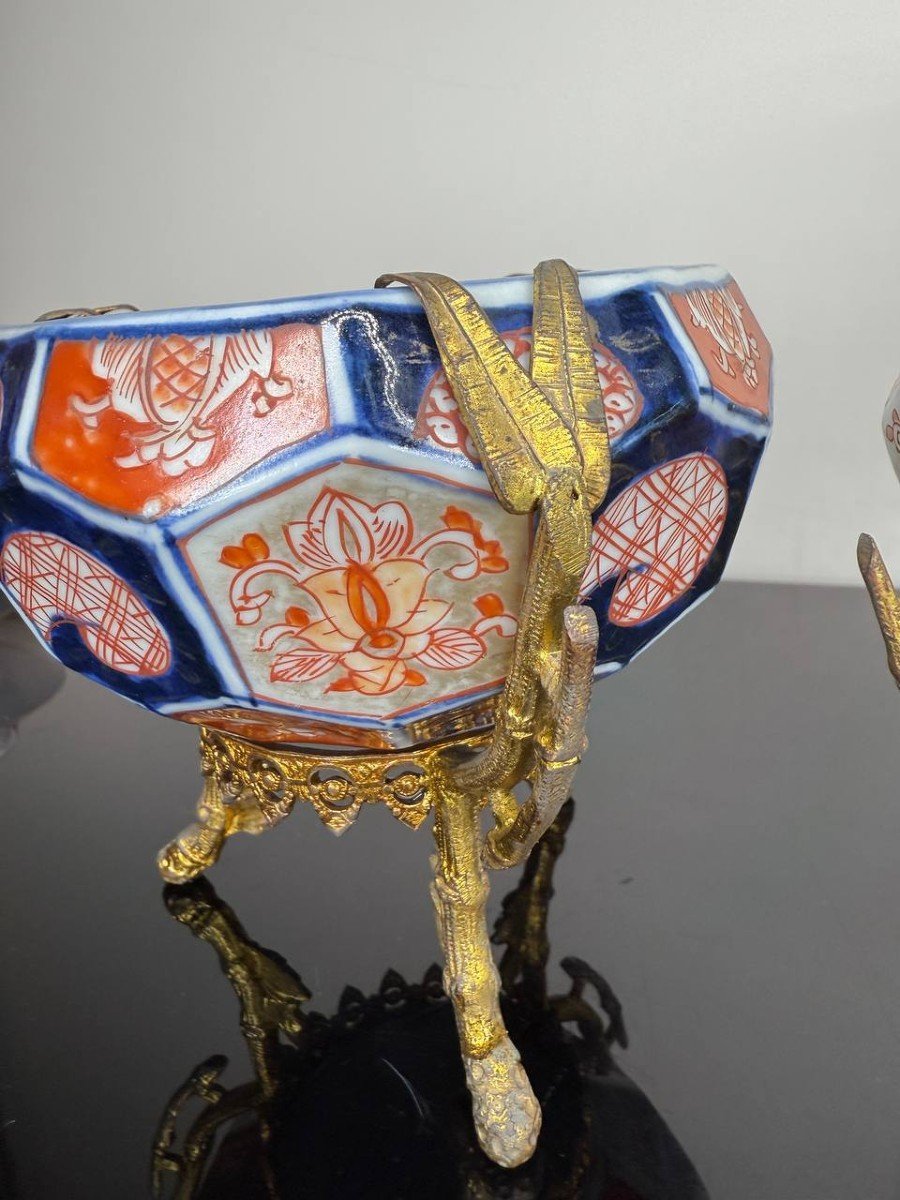 Japon , Porcelaine Imari Montée Sur Bronze De Forme Hexagonale-photo-4