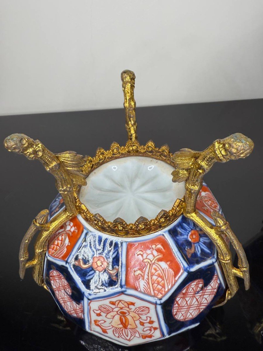 Japon , Porcelaine Imari Montée Sur Bronze De Forme Hexagonale-photo-2