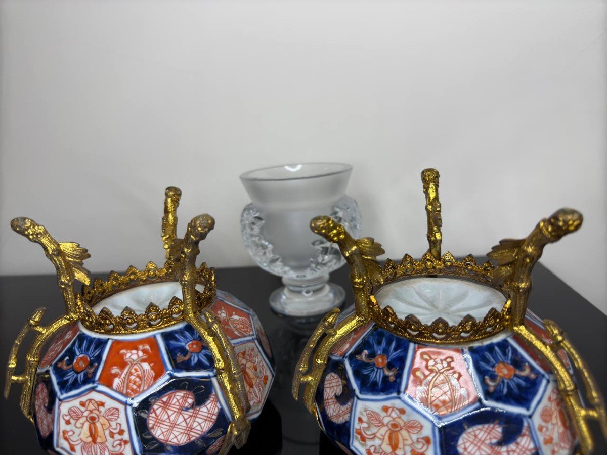 Japon , Porcelaine Imari Montée Sur Bronze De Forme Hexagonale-photo-6