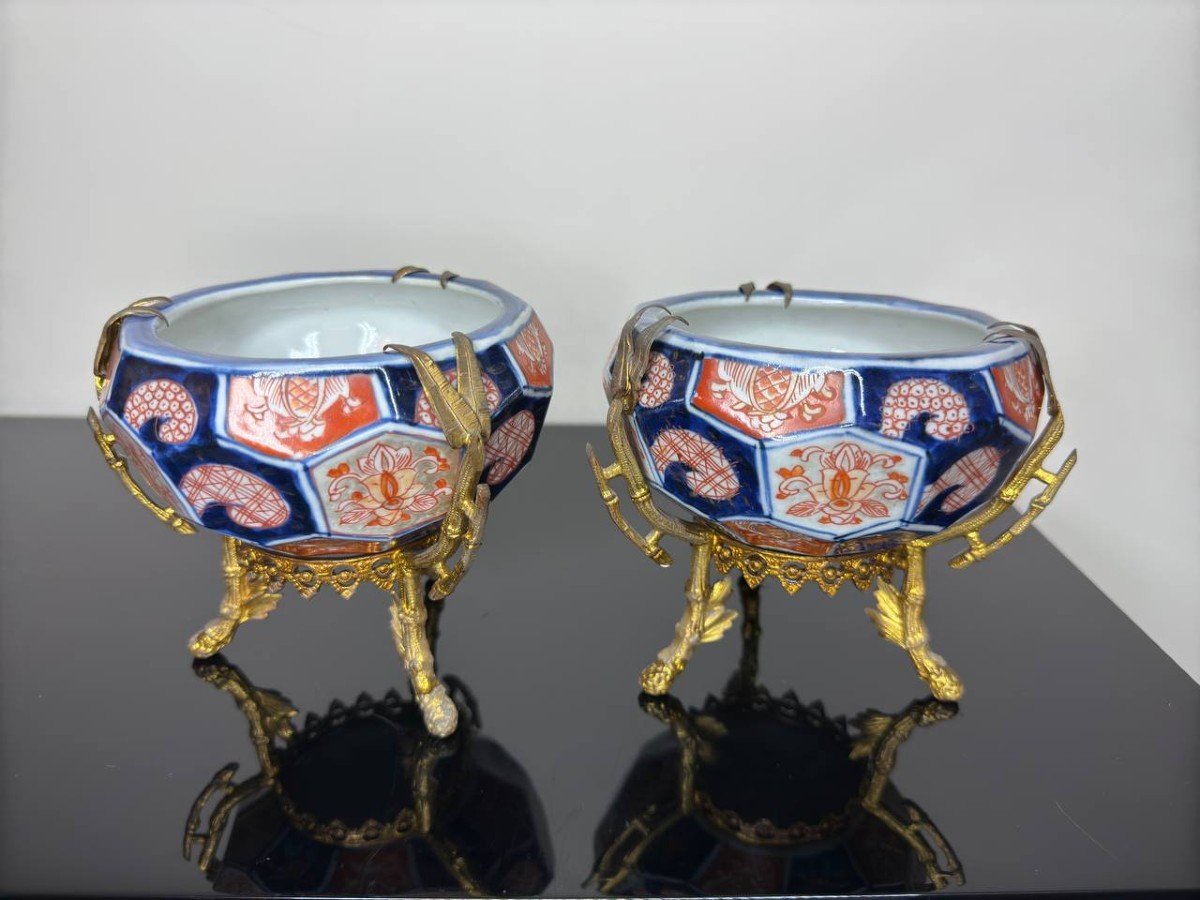 Japon , Porcelaine Imari Montée Sur Bronze De Forme Hexagonale