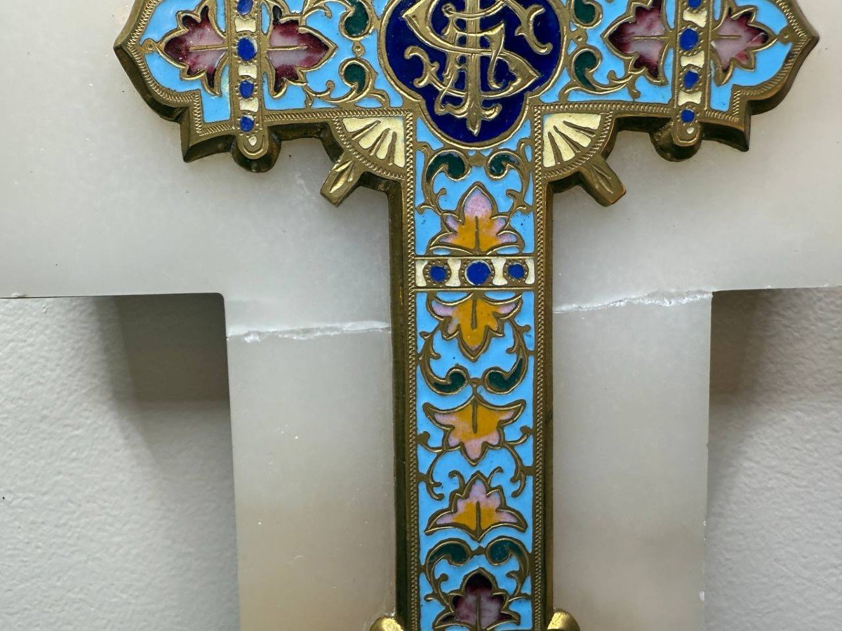 Bénitier Croix Crucifix émaux Cloisonnés Onyx Enamel Fleurs XIXème Siècle-photo-2