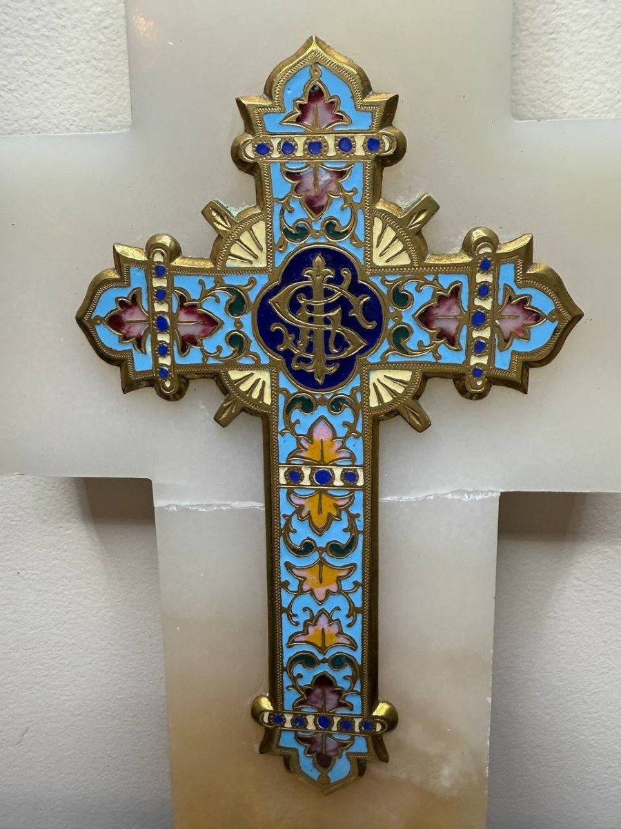 Bénitier Croix Crucifix émaux Cloisonnés Onyx Enamel Fleurs XIXème Siècle-photo-3