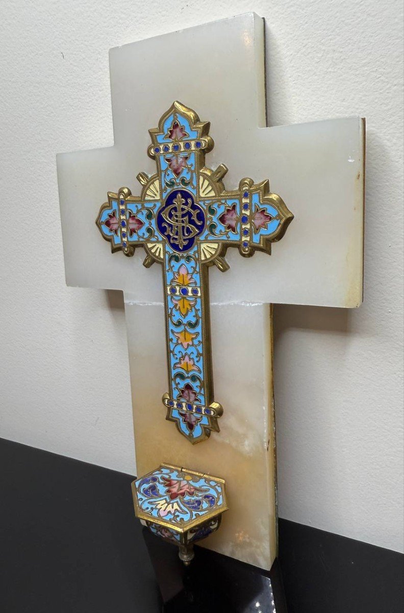 Bénitier Croix Crucifix émaux Cloisonnés Onyx Enamel Fleurs XIXème Siècle-photo-3