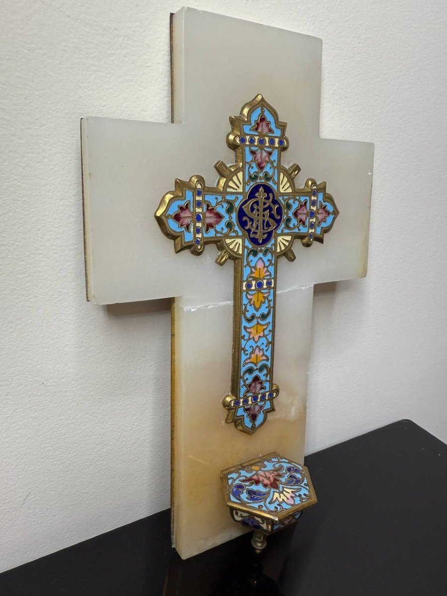 Bénitier Croix Crucifix émaux Cloisonnés Onyx Enamel Fleurs XIXème Siècle-photo-6