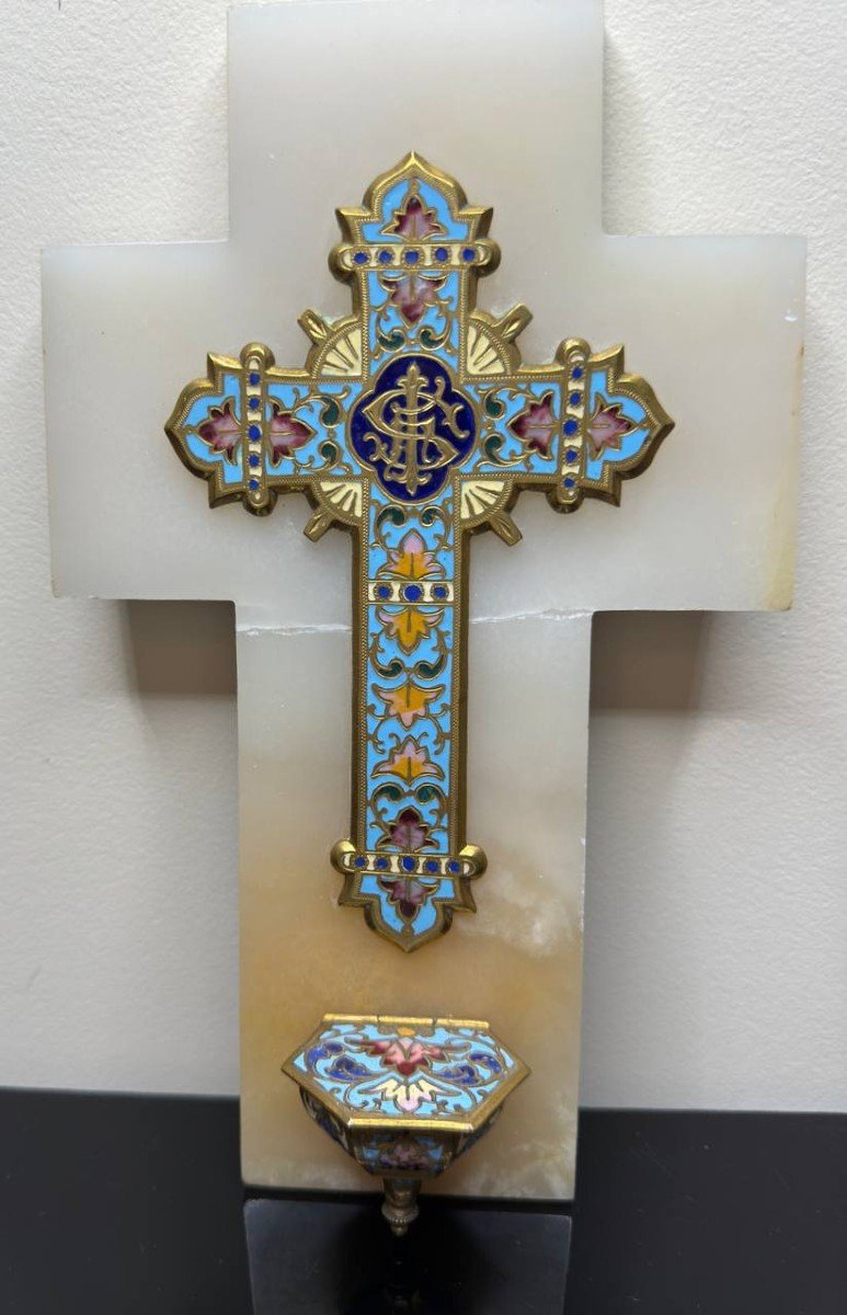 Bénitier Croix Crucifix émaux Cloisonnés Onyx Enamel Fleurs XIXème Siècle