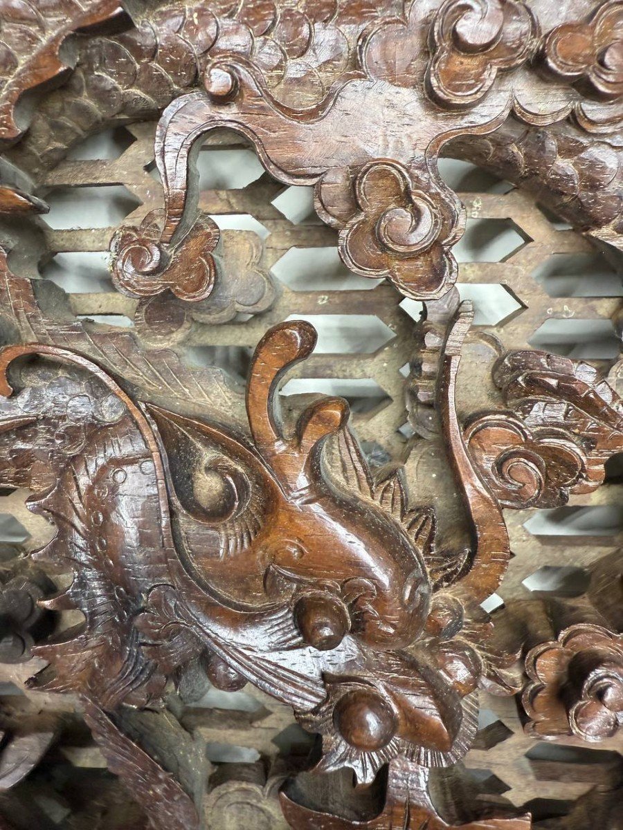 Haut Relief En Bois Sculpté Asiatique Décor Dragon-photo-1